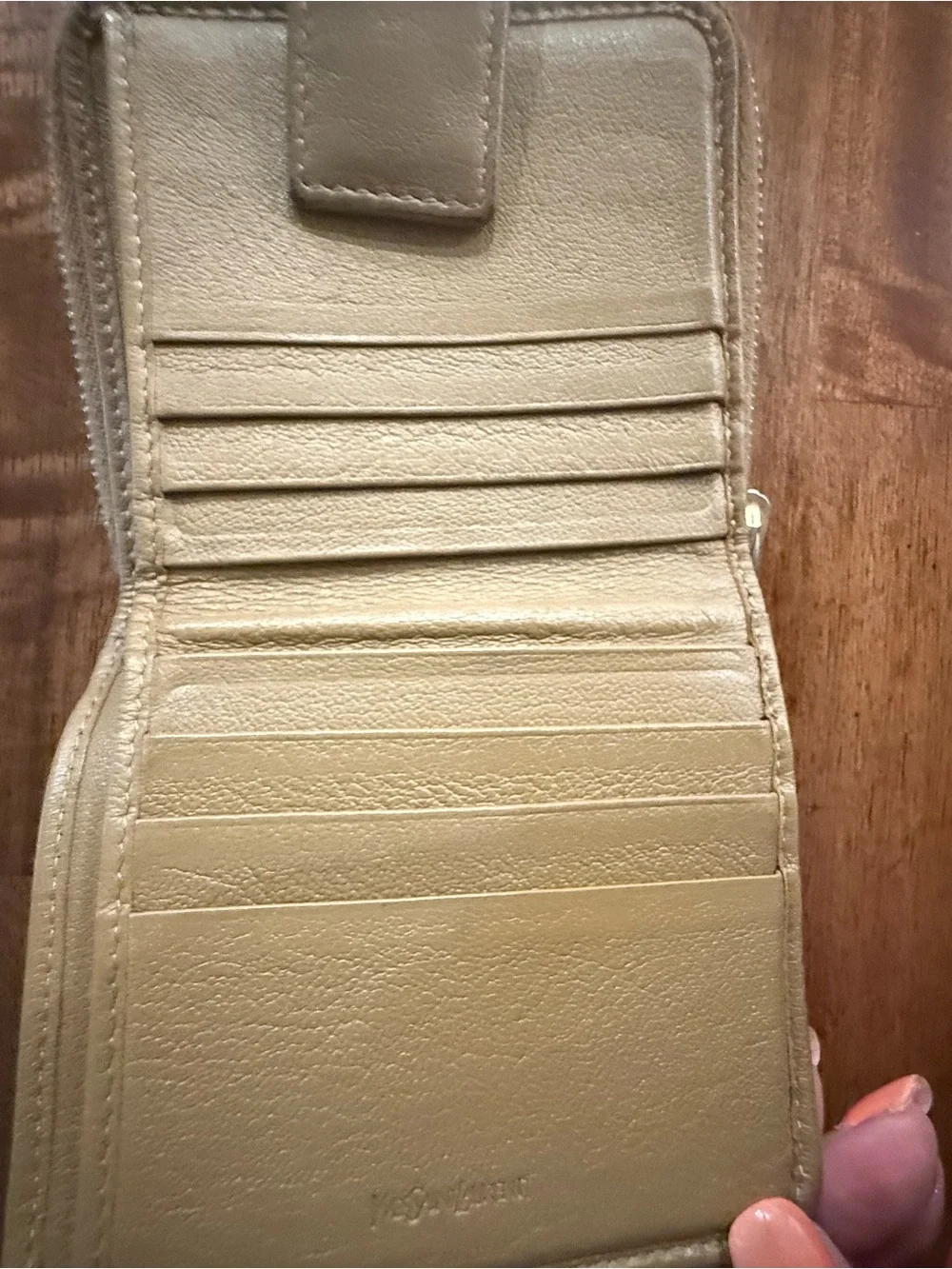 Yves Saint Laurent Embossed Logo Zip small Wallet in Light Beige